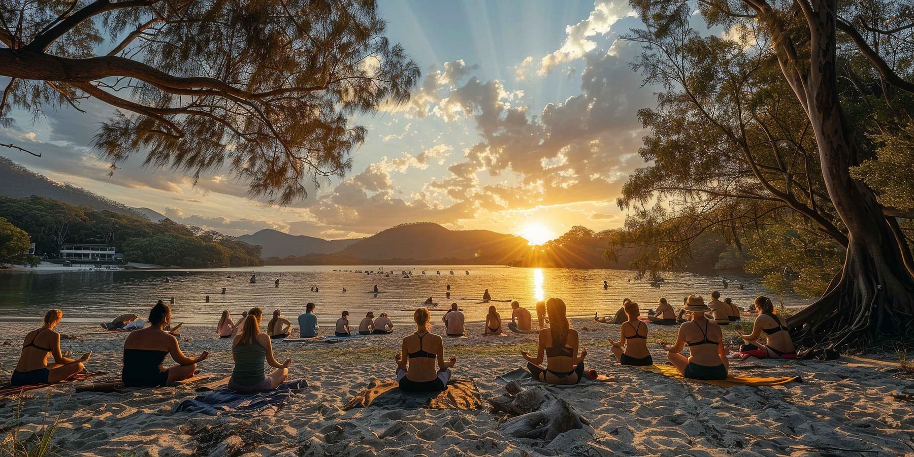 People sitting on a beach watching the sun set over the water