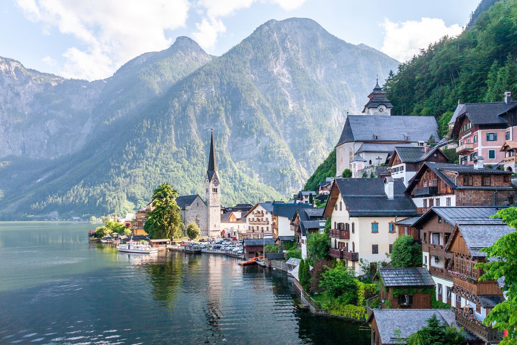 Lakeside village of Hallstatt below steep Austrian mountains