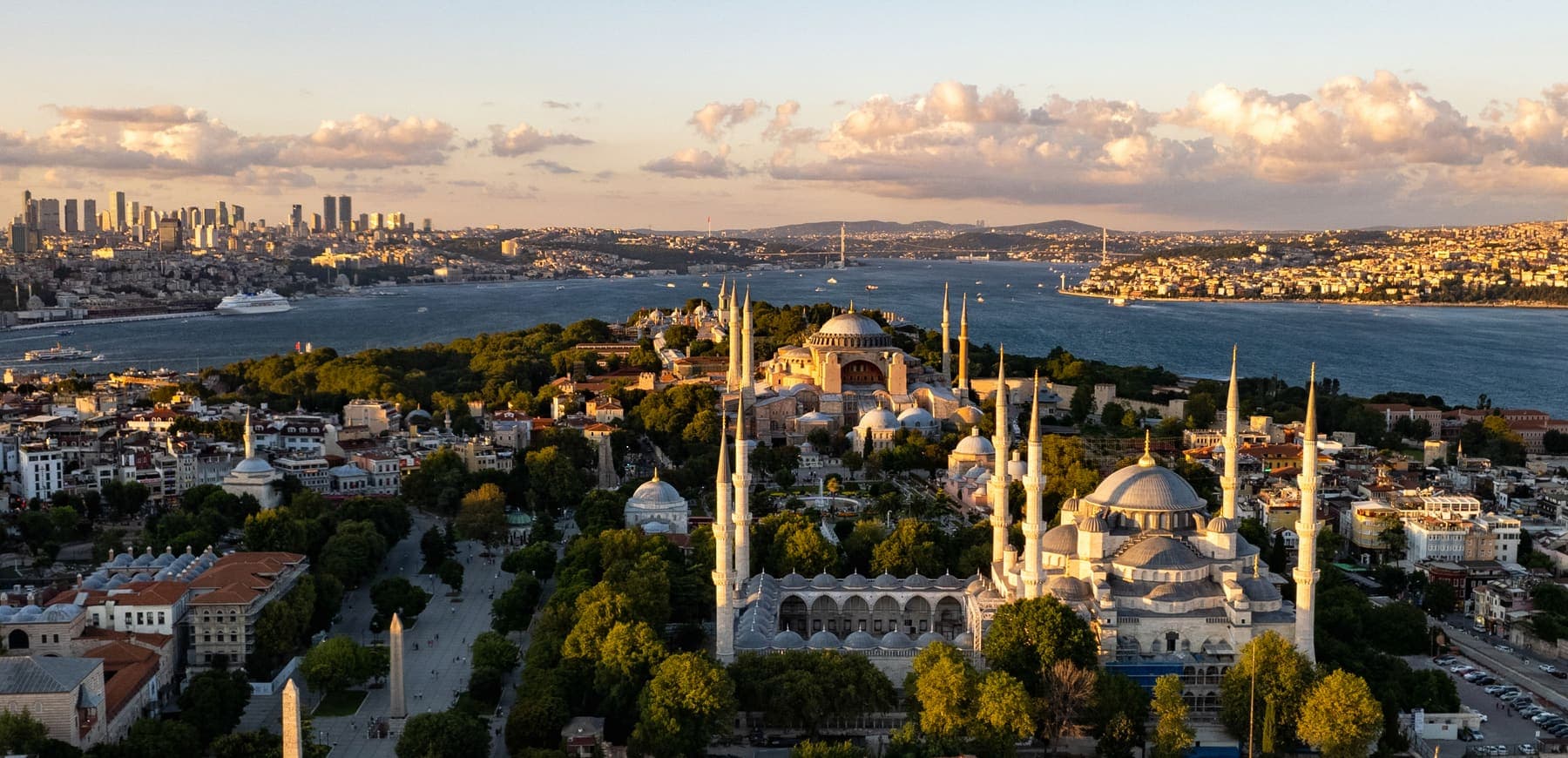 Aerial view of Istanbul’s historic peninsula with mosques and the Bosphorus