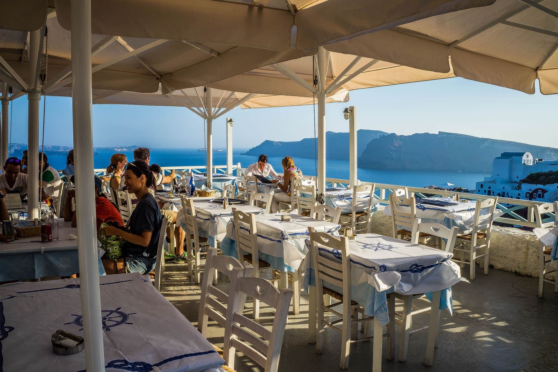 Restaurant terrace with sea views in Oia, Santorini